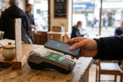 Smartphone held over a contactless card terminal in a café, illustrating the CMA's iPhone NFC proposals
