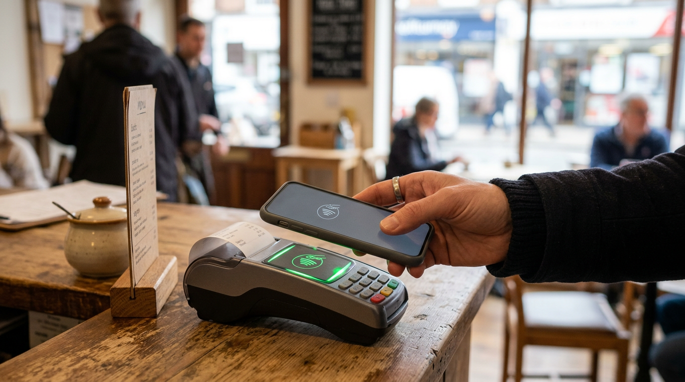 Smartphone held over a contactless card terminal in a café, illustrating the CMA's iPhone NFC proposals