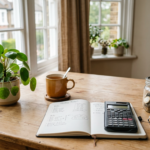 Desk with notebook, calculator and jar of pound coins illustrating ISA savings allowances