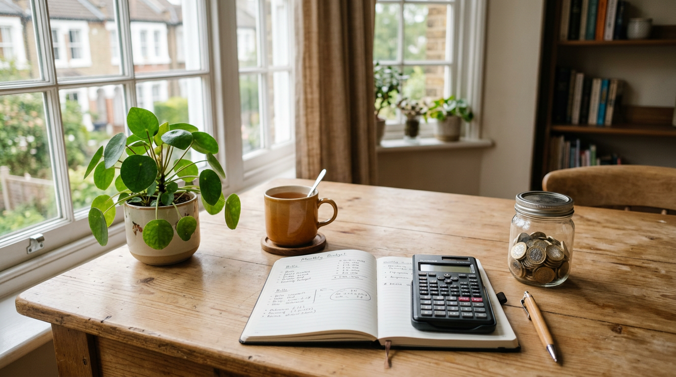 Desk with notebook, calculator and jar of pound coins illustrating ISA savings allowances