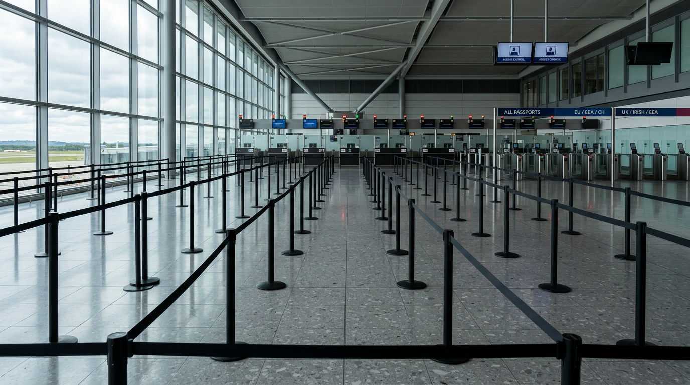 Empty airport passport control hall with queue barriers, illustrating the UK-EU free movement debate