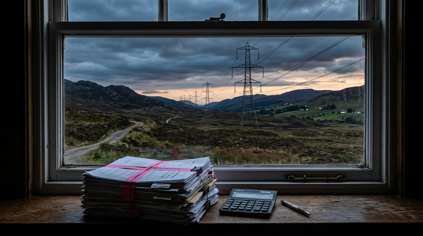 Legal papers and a calculator by a window overlooking pylons in Scottish hills, illustrating an energy tax ruling