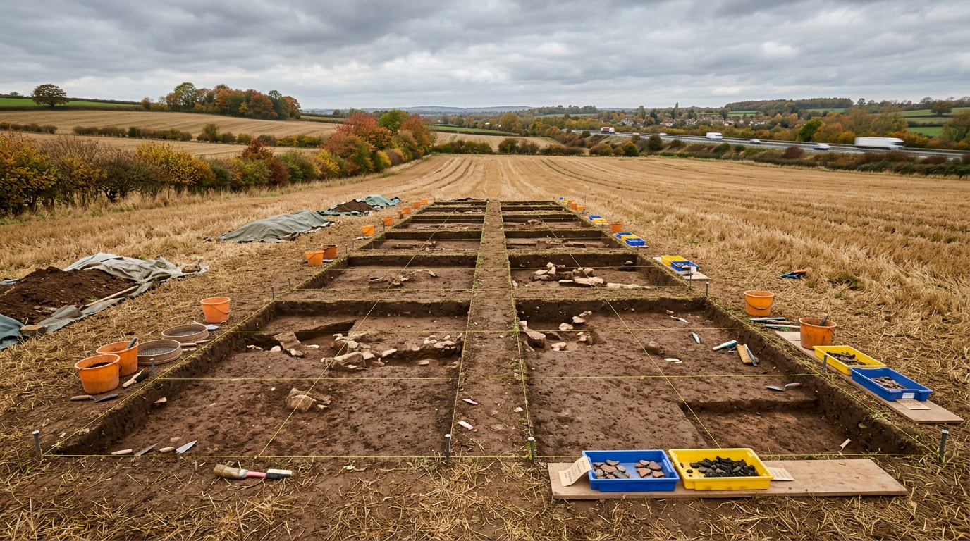 Archaeological trenches in an English field near a motorway, illustrating the Roman burial ground found by the M5