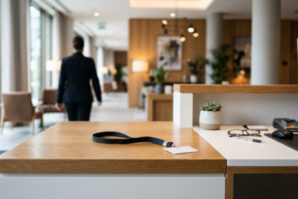 Empty customer service counter with a staff lanyard, illustrating new workplace harassment duties for employers
