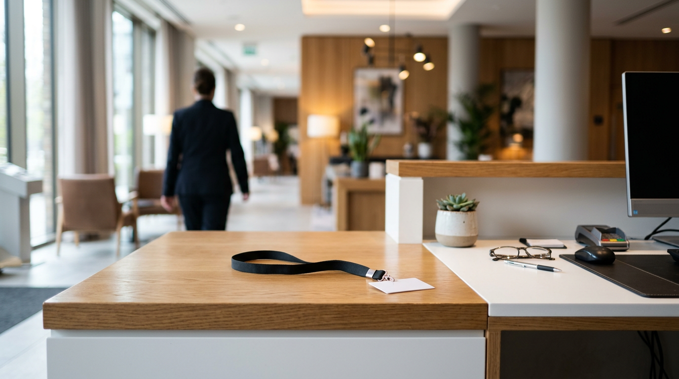 Empty customer service counter with a staff lanyard, illustrating new workplace harassment duties for employers