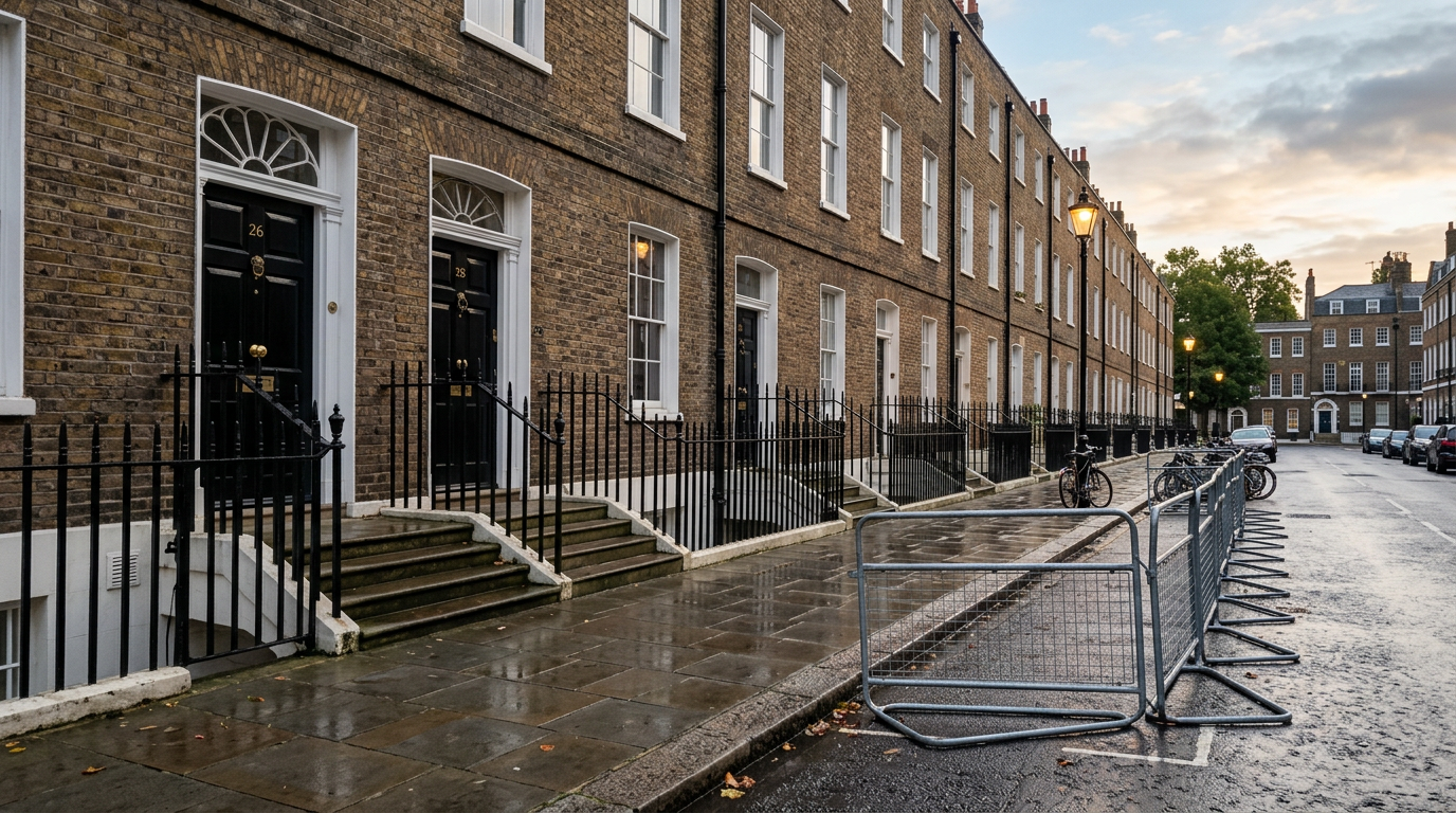 Quiet Georgian London terrace at dawn with crowd barriers, illustrating how a UK prime minister changes