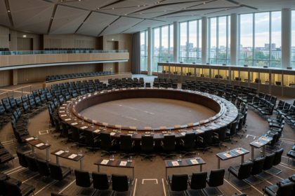 Empty circular conference hall with ring-shaped table, illustrating how the G20 summit works