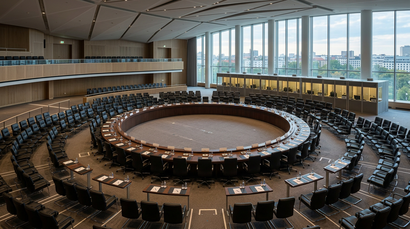 Empty circular conference hall with ring-shaped table, illustrating how the G20 summit works