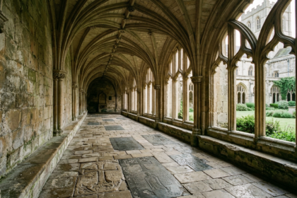 Empty Gothic abbey cloister with worn memorial stones, illustrating the Westminster Abbey sarcophagus study