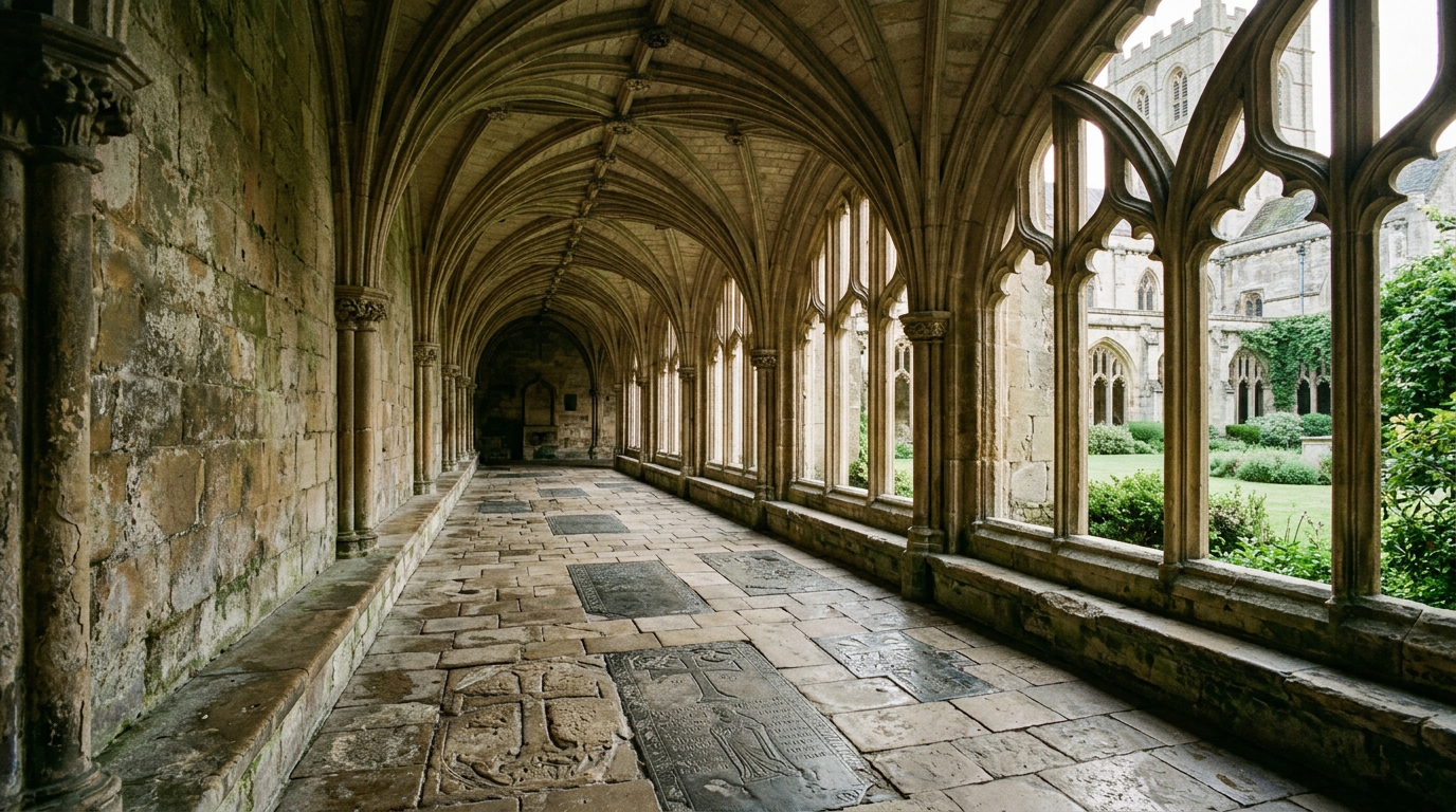 Empty Gothic abbey cloister with worn memorial stones, illustrating the Westminster Abbey sarcophagus study