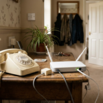 Corded home telephone plugged into a broadband router on a hallway table, illustrating the UK digital landline switchover