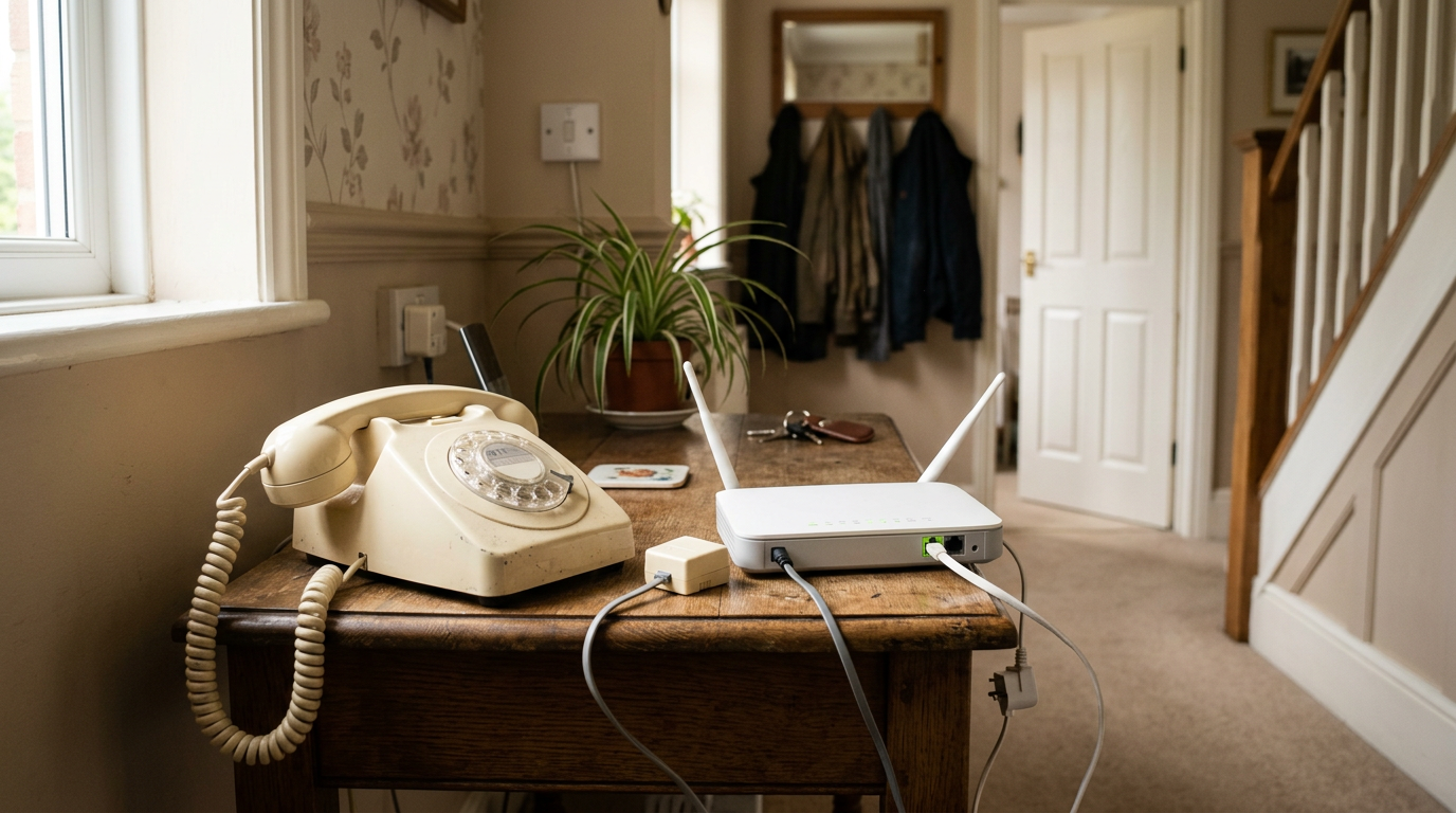 Corded home telephone plugged into a broadband router on a hallway table, illustrating the UK digital landline switchover
