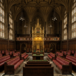 Empty Gothic parliamentary chamber with red benches and gilded throne canopy, illustrating the King's Speech