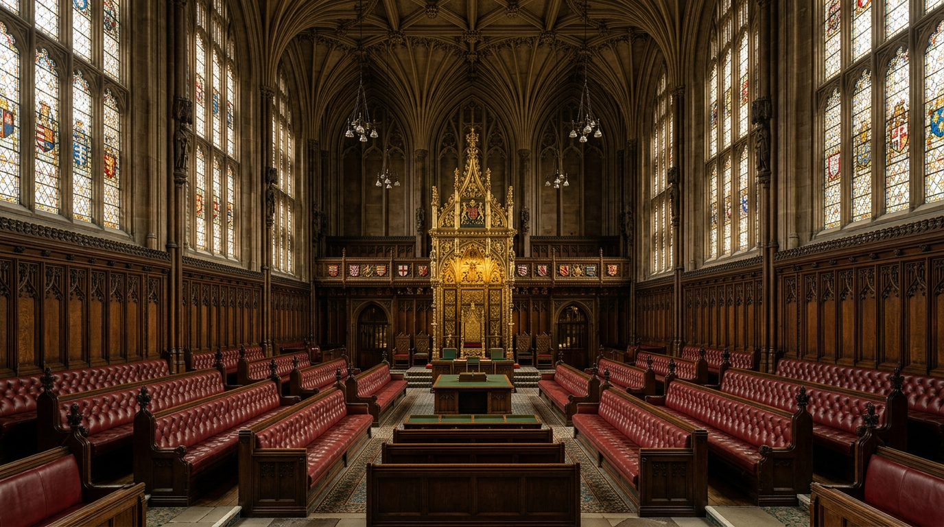 Empty Gothic parliamentary chamber with red benches and gilded throne canopy, illustrating the King's Speech