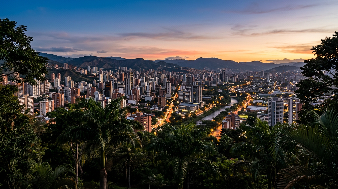 South American city skyline at dusk beyond palm trees, illustrating Brazil's 2026 presidential election