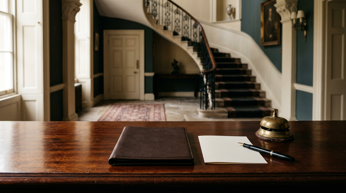 Club reception desk with blank membership card, folder and pen, illustrating London members' club fees
